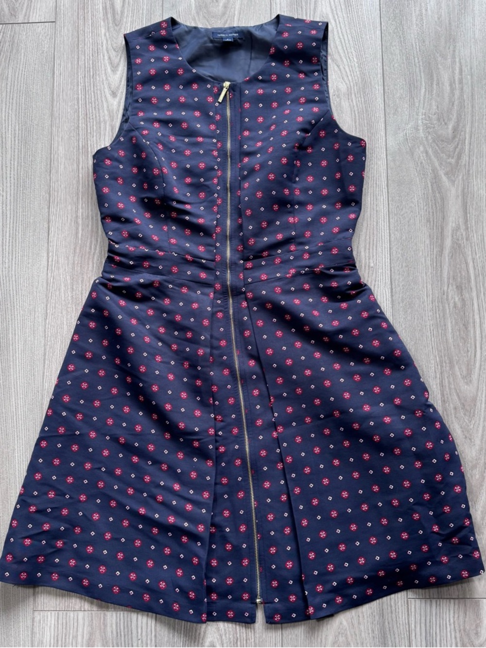 Tommy Hilfiger Navy Dress with Pink Floral Dot Print and Front Zip